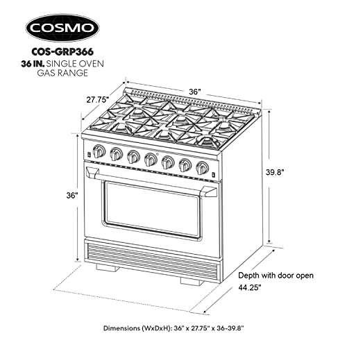 Cosmo Grp366 36 In. Freestanding Gas Range With 6 Sealed Burner Rangetop, Single Convection Oven, Cast Iron Grate Cooktop Wok Attachment, Metal Stove Heat Control Knobs, Stainless Steel #TOP4