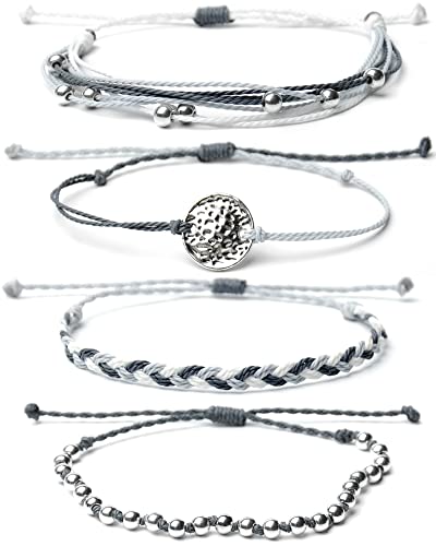 Mezcla Vida Bohemian Wave Coin Charm Silver Zinc Beaded Waterproof Rope Surfing Bracelets Sets For Women Teen Girls, Beach Hippie String Jewelry (Mixed Grey) #TOP28