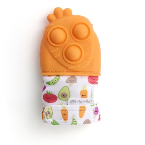 Image of Itzy Ritzy Silicone Teething Mitt - Soothing Infant Teething Mitten with Adjustable Strap, Crinkle Sound & Textured Silicone to Soothe Sore & Swollen Gums - for Ages 3 Months & Up (Carrot)