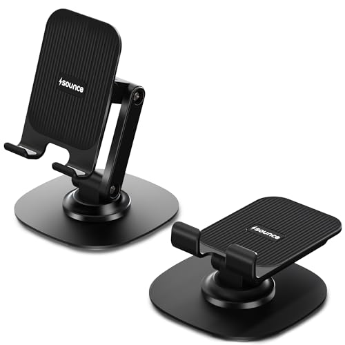 Image of Sounce 360 Rotatable Foldable Mobile Phone Holder | Adjustable Height Desk Stand with Metallic Base & Anti-Skid Pad | Compatible with All Smartphones, Tabletop, Tablets, iPad, Kindle (Black)
