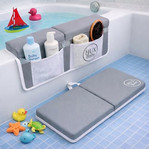 Image of Comfortable Baby Bath Kneeler and Elbow Rest Pad Set, Non-Slip Bathtub Kneeling Pad for Bathing Baby, Bath Tub Cushion Mat, Elbow Pads, Toy Organizer Storage Pockets, Strong Suction Cups (Lua Gray)