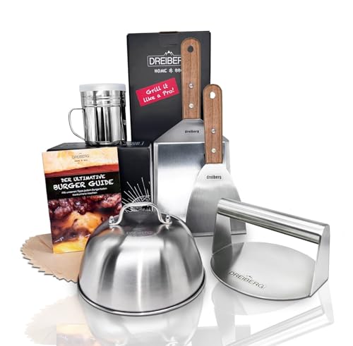 DREIBERG® Smash Burgerset van beukenhout en roestvrij staal voor plancha, gasgrill, teppanyaki incl. grillspatelset, burgerpapier, smeltbel, grillpers, kruidenstrooier en receptenboek (7-delig)