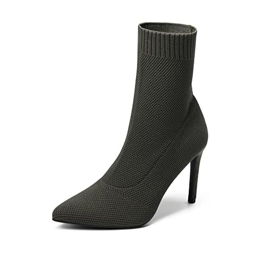 DREAM PAIRS Botines de mujer de punto superior suela antideslizante tacón fino, verde oliva, 36 EU