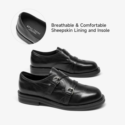Image of BEAU TODAY Women's Leather Loafers, Wingtip Brogue Monk Strap Shoes | Genuine Leather, Round Toe, Low Heel, Metal Buckle, Non-Slip, Comfortable Business Casual Flats for Work and School