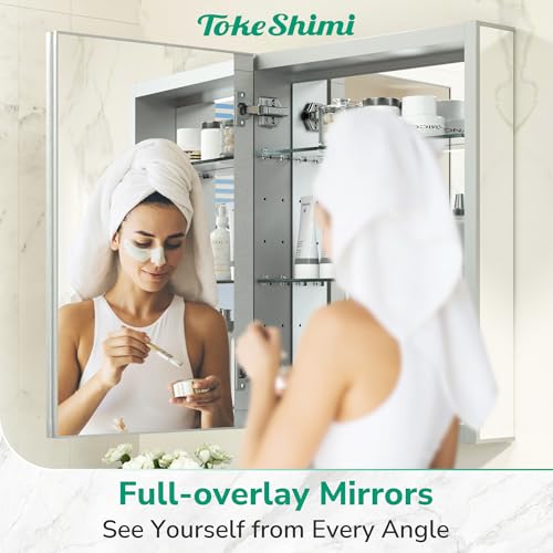 TokeShimi 30x26 Medicine Cabinet Mirror Frameless,Full-Overlay Mirrors,Aluminum Bathroom Mirror Cabinet with Adjustable Tempered Shelves