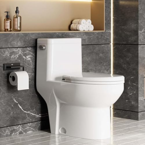 Inodoro moderno de una pieza Laveo Sunvasagoo, con tanque superior, descarga dual 0.8/1.28 galones, asiento de cierre suave, altura cómoda, cerámica y polipropileno, color blanco