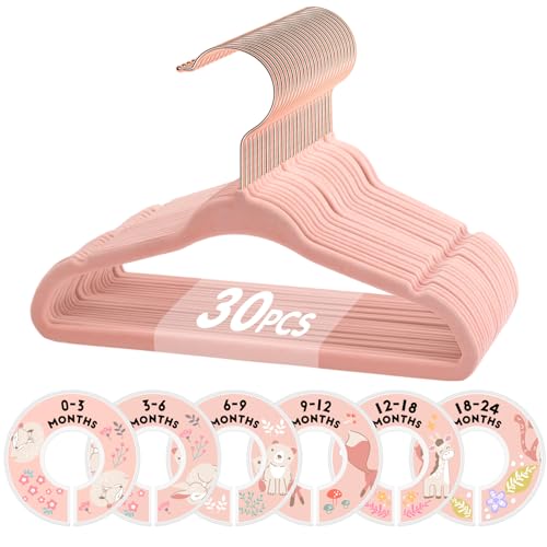 Image of VIS'V Baby Hangers, 11 Inch Velvet Kids Hangers with 6 Pcs Clothes Size Dividers, Infant Toddler Nursery Closet Organization, Non Slip, Pink, 30 Pcs