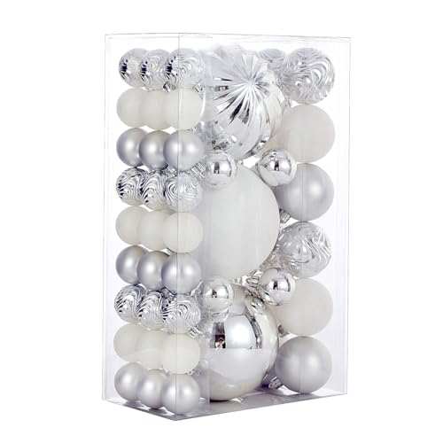 Christmas Ball Ornaments for Xmas Decorations,50 pcs Christmas Extra Large Tree Shatterproof Ornaments-Silver (Combo of 5 Style in 3 Sizes)