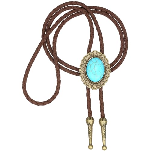 Image of AZORA Western Cowboy Bolo Tie Men Leather Necktie Leather Cord Turquoise Stone Bolo Ties for Men Women