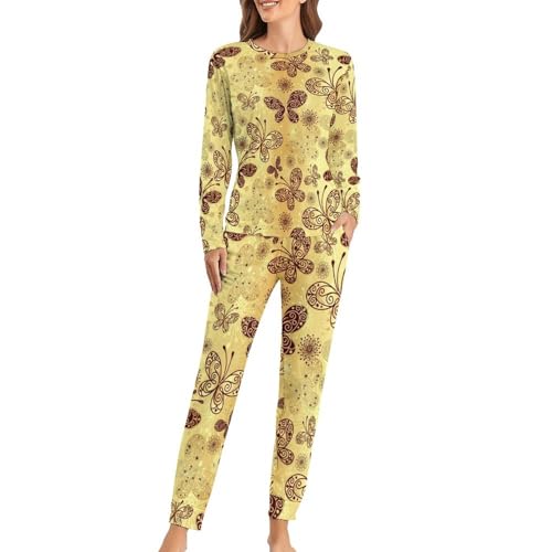 Pyjama femme papillon brun avec t-shirt manches longues et pantalon homewear