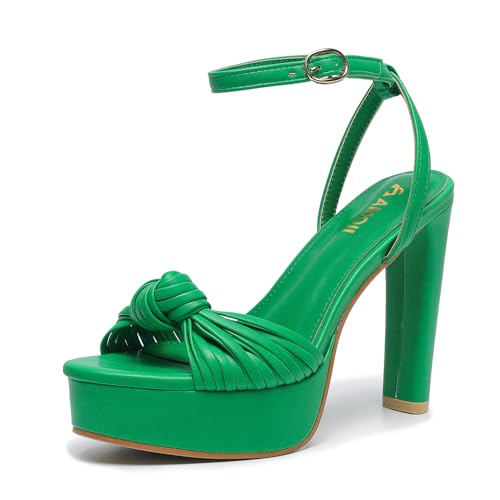 Amoji Women's Heels 4 Inch Platform Heels Ankle Strap Heels Chunky Heels For Women Dressy Heeled Sandals 319 Green Heels Size 9.5 women