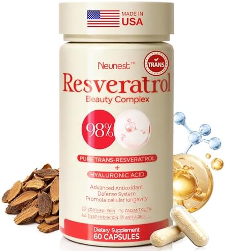 Resveratrol Supplement 98% High Purity Trans-Resveratrol Complex with Collagen Peptides & Hyaluronic Acid,Quercetin,Antioxidant Support for Skin & Beauty,Immune Health,Gluten-Free,60 Capsules