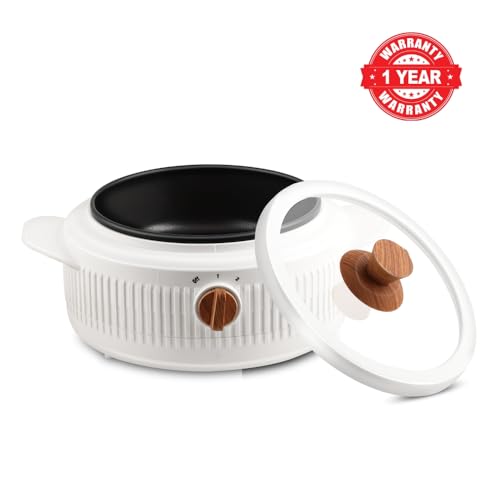Image of Jaypee Plus Electric CookSmart Casserole with Teflon NonStick Coating Bowl for Reheating & Cooking, Serving Casserole Wooden Finish Lid & Regulator Knob Toughened Glass Lid, 2000 ml, White