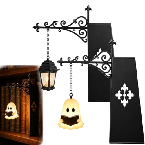 SXEWXWO Ghost Bookshelf LanternLibrary Mini Bookshelf Lamp Little Cute Lantern-Decorative Library Hanging Resin Lighting Miniature Halloween Vintage Patchwork Reading Book LED Nightlight(G+L)