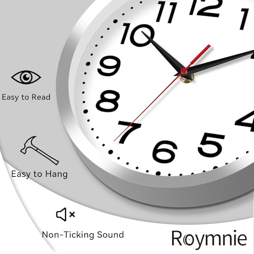 Image of Roymnie 8 Inch Small Wall Clock, Battery Operated Silent Non Ticking Silver | analog wall clock; bold numerals for easy reading; silent non-ticking; 1 AA battery (not included); for classroom