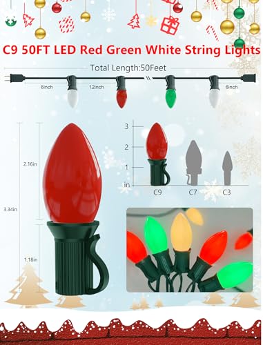 Image of 50Ft C9 LED Christmas Lights Outdoor, Vintage Christmas String Light Plug in with 52 Shatterproof C9 Red White Green Bulbs Christmas Decorations Lights for Indoor Christmas Tree Patio Roofline Party