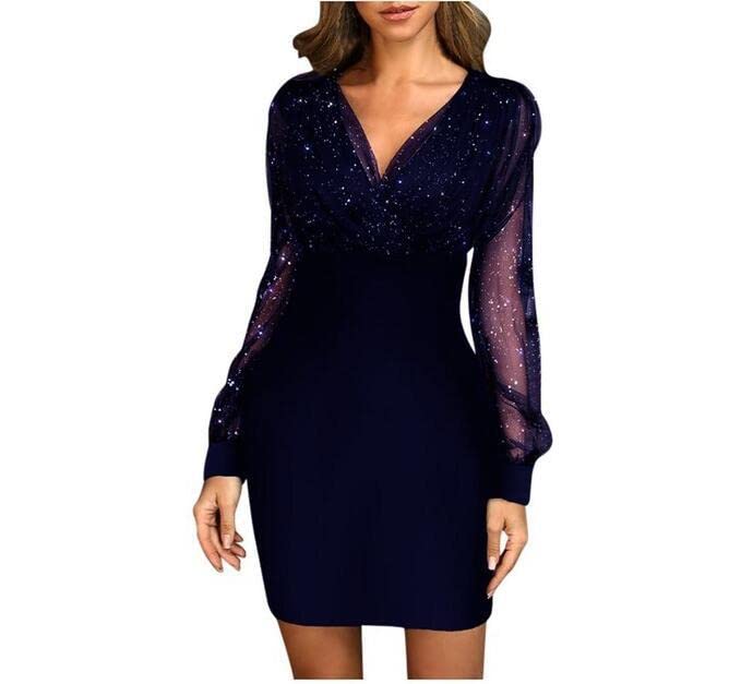 Qingyuan 2022 Euro an and American mesh V-ne Sequin dr Slim dr Blue M-image-42