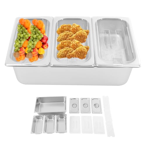 LEYSRIS Countertop Food Serving Display Container, 3 Pan Stainless Steel Food Serving Tray Detachable Food Storage Container, Buffet Condiment Dispenser Display Rack (3.31Qt/Each Pan)
