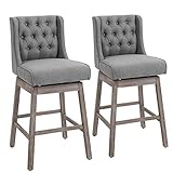 HOMCOM Set of 2 Barstools, 180 Degree Swivel Kitchen Island Stool Dining Room Chairs with Solid Wood Footrests and Button Tufted Design, Grey