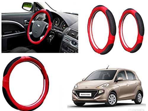 Image of Microfiber Car Steering Wheel Cover, Soft Padding Great Hand Feel, Anti-Slip, Faux Leather Steering Cover for Hyundai Santro 2018 | Black Red Jali - Pack of 1