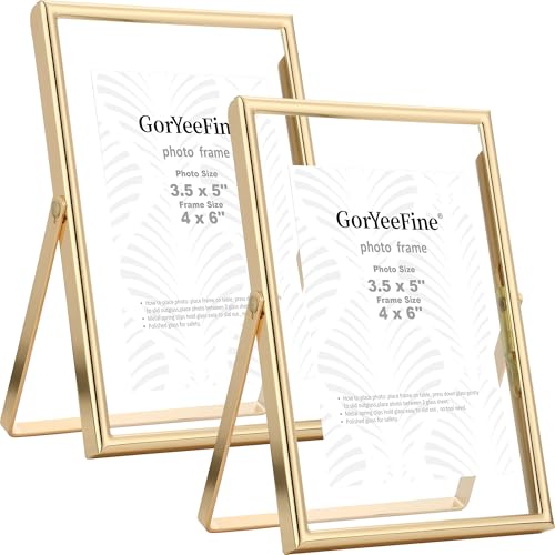 Gold 4x6 Floating Picture Frame 2pack for Photo Size (2x3 3.5x5) Adjustable Tabletop/Shelf floating Frame Classy Metal Gift Frames for Wedding Christmas Birthady Home or Office Decor.