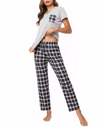 Crewhpo Pijama Mujer Algodón Manga Corta Conjunto de Pijamas 2 Piezas de Camiseta y Largo Pantalones a Cuadros Ropa de Dormir