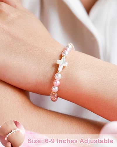 HGDEER Birthday Gifts for Girls, Adjustable Pink White Pearl Cross Bracelet for Girls Daughter Granddaughter Niece2