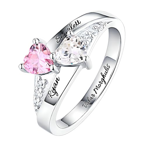 Engraved Promise Rings for Her Custom Two Birthstone Engagement Rings for Women Personalized Promise Rings for Women 2 Birthstone Wedding Rings for Women Heart Shaped Promise Ring Engraved Ring