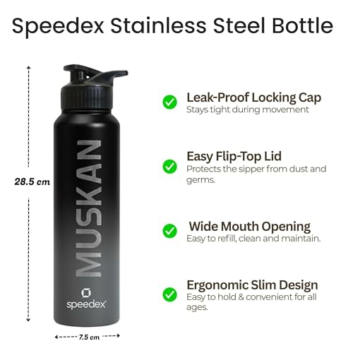 Image of Speedex Customised Stainless Steel Water Bottle 1 Ltr with Name - Personalised Engraved Sipper Cap Bottle for Kids, Men & Women, School, Gym, Office Black Grey, Set of 1