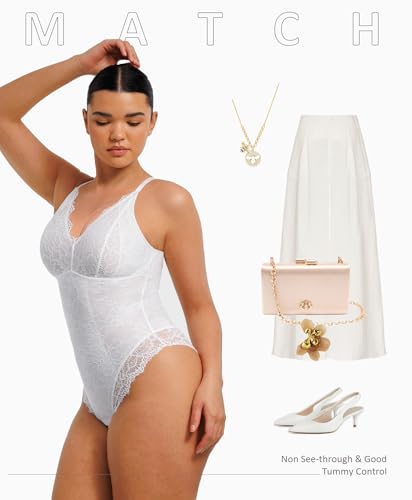 Image of FeelinGirl Shapewear Bodysuits for Women Lace Shapewear Tummy Control V-Neck Sleeveless Bodysuit Tops Jumpsuit