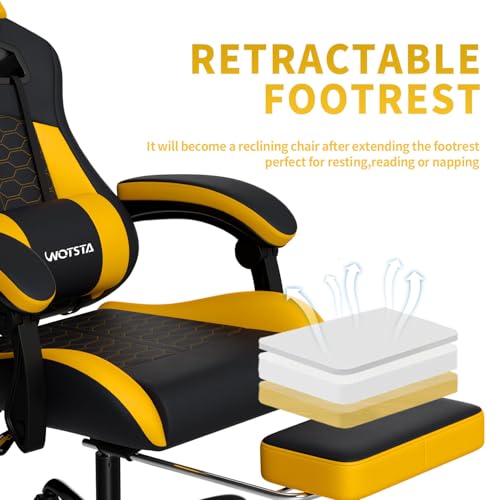 Image of Gaming Chair with Massage,Ergonomic PC Gaming Chair with Footrest Comfortable Headrest and Lumbar Support,High Back Game Chair PVC Leather,300LBS (BlackYellow)
