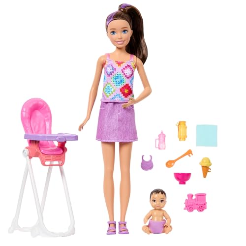 Barbie Coffret Skipper Baby-Sitter, avec poupée brune, poupée d’enfant brune, chaise haute et 8 accessoires dont de la nourriture, JJB44