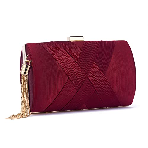ZOUIQSS Bolso de mano femenino, fiesta y boda, con cadena y flecos, bolso cruzado rojo vino