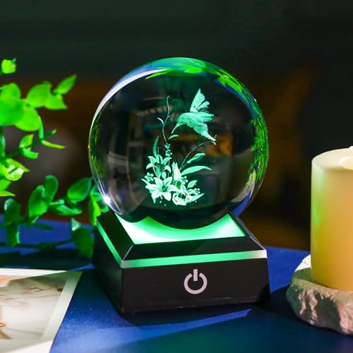 Image of 3D Crystal Ball Hummingbird with Lily Flowers Gifts for Women Unique Snow Globe Decor for Adults Glass Humming Birds Figurines Xmas Ornament with LED Base Lamp Collectibles Sculpture