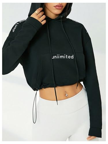 Verdusa Women's Letter Print Drawstring Hoodies Long Sleeve Cropped Hooded Sweatshirts4