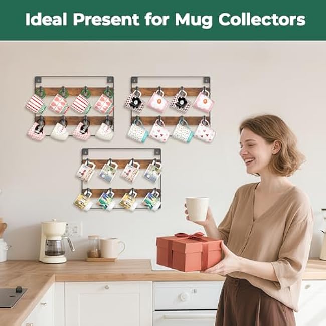 EsLuker.ly Mug Holder Hanger Rack Wall Mounted Wooden 3 Pack Coffee Cup Storage Organizer Display Shelf with 24 Movable Plastic Hooks, Ideal for Mug Collectors