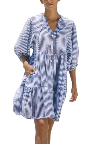 chouyatou Women's Summer V-Neck Casual Striped Midi Shirt Dress Tiered Boho Beach Tunic Babydoll Dress