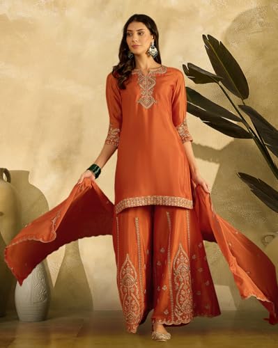 Image of SheWill Poly Chinon Zari Sequence Cording Embroide Kurta with Palazzo and Dupatta - Vibrant Set with Exquisite Detailing and Graceful Drape