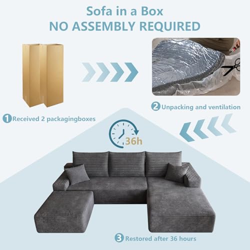 Image of 95 inch Cloud Sectional Couch with Ottoman,Modern U-Shaped Cloud Couch with Deep Seat,Comfy Corduroy Sofa,Memory Foam Sofa for Living Room,No Assembly (Dark Gray,Right-Facing Chaise)