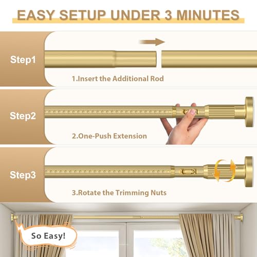 Image of Gold Tension Curtain Rod 41-146In(4-12Ft), Extra Long Outdoor Curtain Rod No Drilling for Window or Bathroom Patio, Adjustable Spring Shower Rod,Rod Diameter 1.26In-One-bond stretching