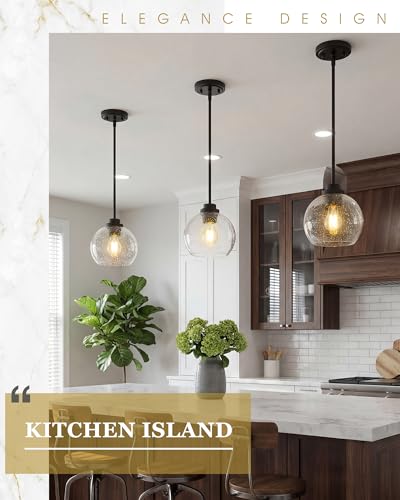 Image of 2-Pack Pendant Lights Kitchen Island, 7 inch Modern Black Hanging Lights Fixtures with Clear Seeded Glass Globe Shade, Kitchen Island Lighting for Bathroom, AD-22280-1P2-BK-S