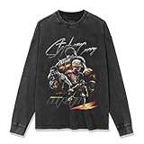 Camiseta de manga larga con personajes de baloncesto de algodón lavado, estilo vintage, para fanáticos del hip hop, hipster, unisex, holgada, cuello redondo, Washed Negro, S-3XL