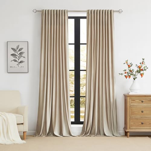 Image of PRIMROSE Champagne Polyester Velvet Curtains 90 inch Long for Living Room,Set of 2 Panels Blackout Rod Pocket Back Tab Window Treatment Room Darkening Heavy Decorative Curtains Drapes for Bedroom