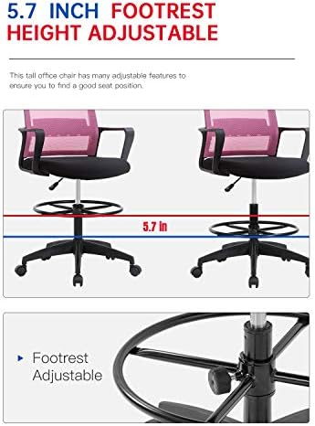 Drafting Chair Tall Office Chair Adjustable Swivel Rolling Mesh Height with Lumbar Support Arms Footrest Mid Back for Adults Standing Desk Drafting Stool (Pink)