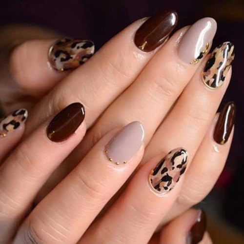 24pcsヒョウズプリントネイルショートアーモンド偽ネイルフルカバー爪のマニキュアにオフィスパーティーと毎日の使用