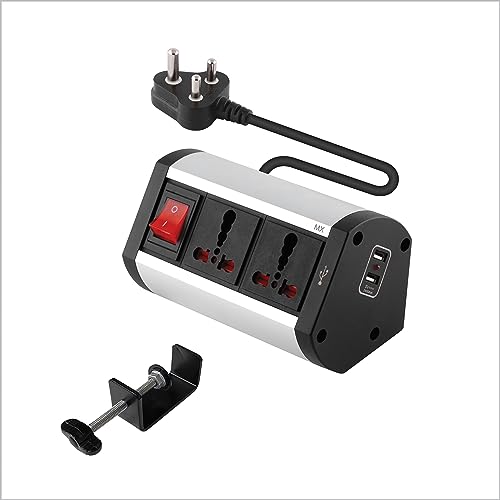 Image of MX Premium Power Console 16A - 6 Universal Sockets with 2 USB Charging Ports, Removable Desk Clamp Power Strip with Master Switch, 1.5m Cord, Overload Protection for Home & Office
