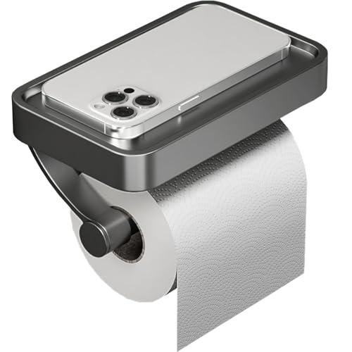 DGYB Bathroom Toilet Paper Holder Wall Mount Grey Paper Towel Holder with Shelf Rustproof & Multifunctional Industrial-Grade Stainless Steel Toilet Roll Holder for Bathroom Storage Dispenser