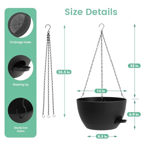 UOUZ 13 Inch 2 Pack Large Self Watering Hanging Planters for Indoor Outdoor Plants, Hanging Plant Pots with Removable 50 Oz Reservoir, Plastic Hanging Basket for Window Porch Garden Balcony, Black - Image 6