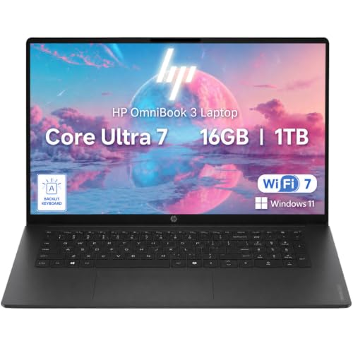 Image of HP 17.3 inch OmniBook 3 Laptop 2026 /2027 Edition | Intel Core Ultra 7 255U Up to 5.2GHz | 16GB DDR5 RAM -1TB PCIe SSD | Backlit Keyboard | FHD IPS Display | Wi-Fi 7 | Thin & Lightweight | Windows 11