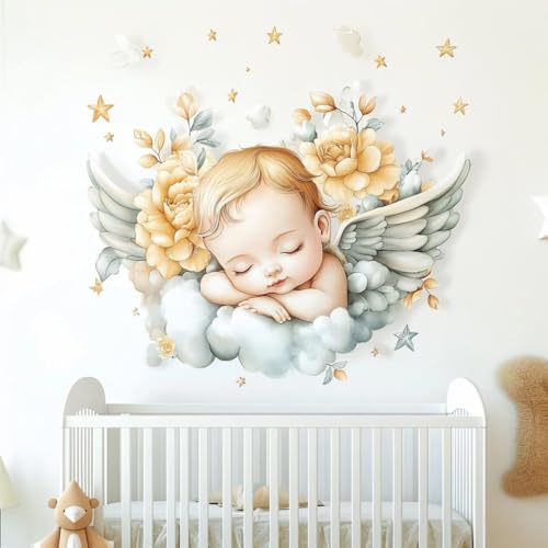 Vinilo decorativo para pared Angel Baby con flores y alas miniatura 1